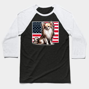 Long Hair Chihuahua Patriotic Dog American Flag 4th of July Baseball T-Shirt